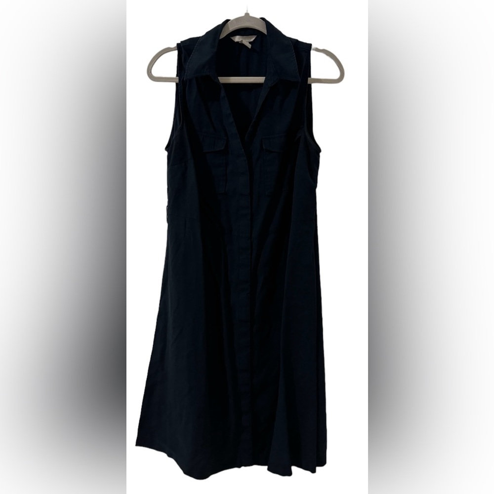 H&M sleeveless navy dress with collar and belt loops.